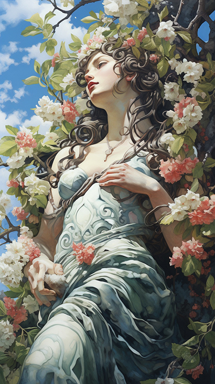 sunsetsandy._close_up_painting_of_Goddess_of_Spring_Wrapped_in__