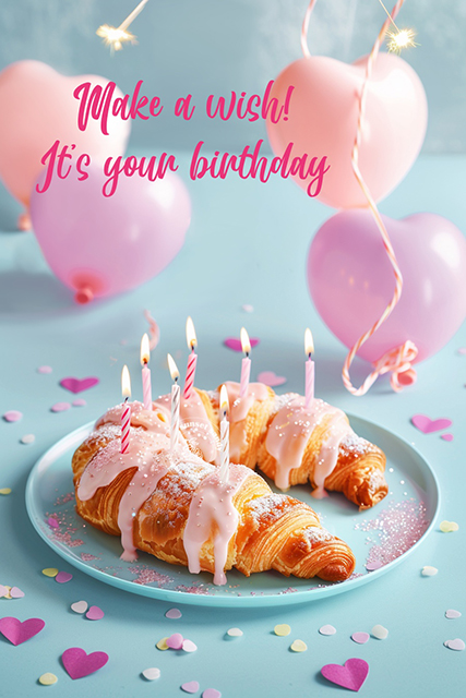 sunsetsandy._close-up_glaze_pink_curved_croissant_with_birthday_